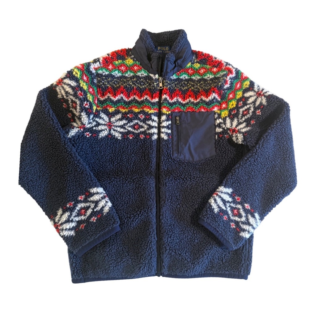 Polo Ralph Lauren Kids Navy Sherpa Fleece Fair Isle Full Zip Jacket Size M 10-12